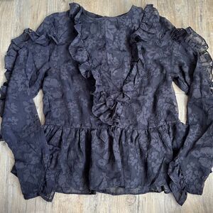 H&M Ruffle Blouse Women's S 6 Black Goth Floral